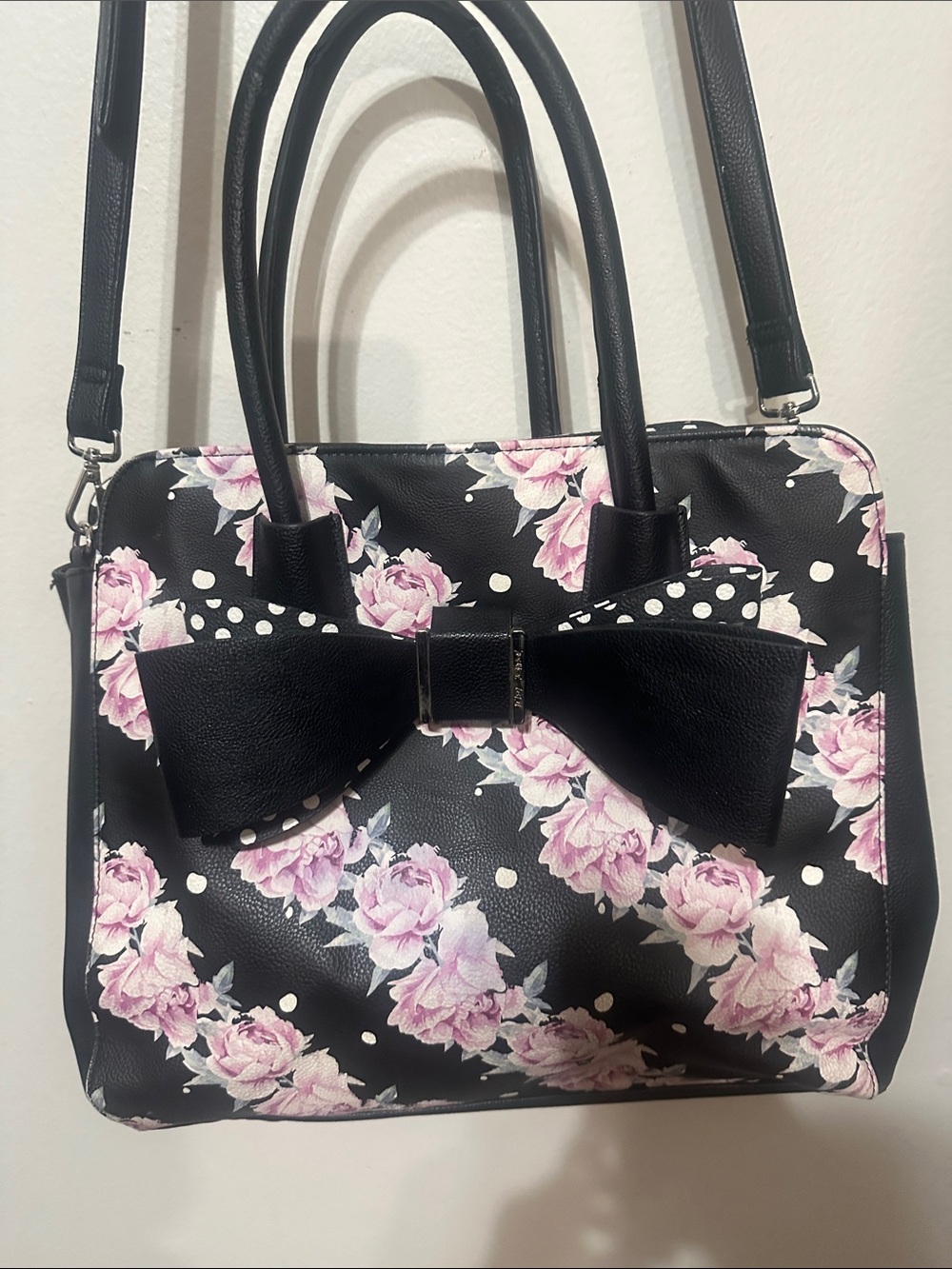 Betsey Johnson Black Floral Bow Satchel Handbag - Pink Roses